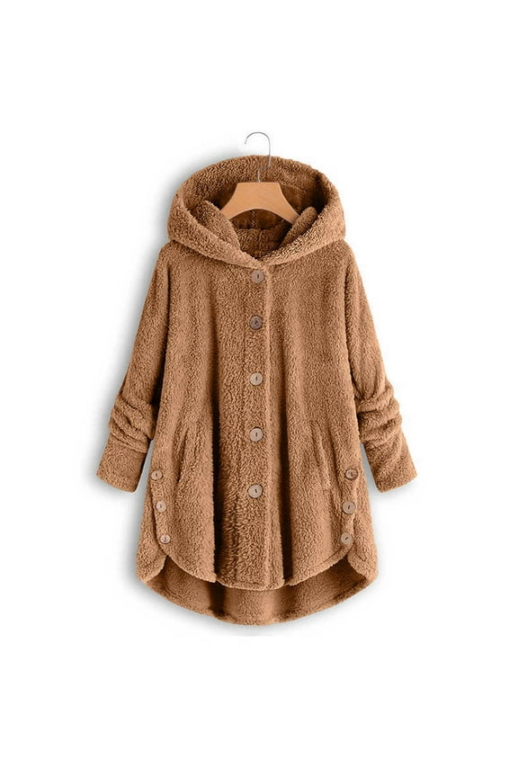 Fleece Hoodie for Women Button Down Fluffy Coats Cozy Oversized Pullover Fuzzy Sweatshirt with Hood A03_Brown XXL