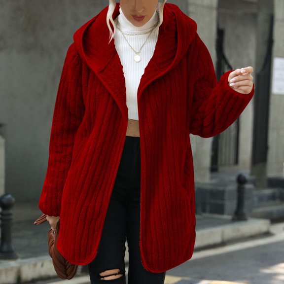 gbyLJF Fleece Jacket Hooded for Women Winter Warm Full Zip Long Sleeve Sherpa Jacket Coat Outerwear with Hood Red M