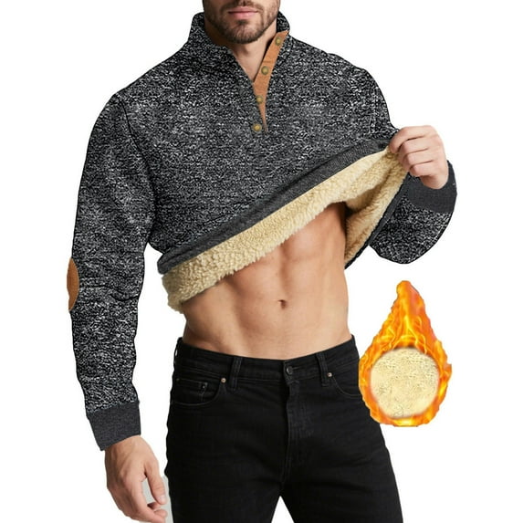 gbyLJF Fleece Lined Sweatshirt For Men Solid Color Long Sleeve Button Stand Collar Pullover Shirts Winter Men Winter Clothes