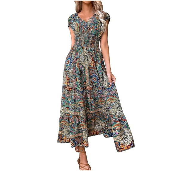 gbyLJF Formal Cocktail Dress Sun Dress for Women Linen Dress Plus Size V Neck Summer Dress Blue L