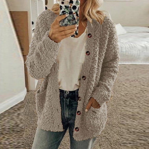 gbyLJF Fuzzy Sherpa Cardigan Womens Open Front Fleece Jacket Fluffy Soft Hoodies Long Sleeve Button Down Shirt Fall Coats with Pockets