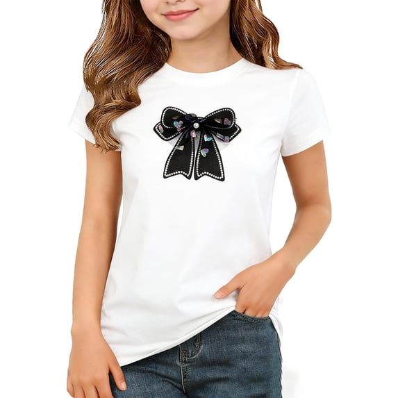 RRMuAzgs Girls Short Sleeve Shirts Solid Color Round Neck Tee with Bow Tie Casual Trendy Summer T-shirts for Age 2-12
