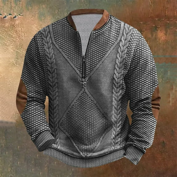 gbyLJF Half Zipper Round Neck Top for Men Long Sleeve Knitted Striped Pullover Sweater Casual Vintage Loose Fit Blouse