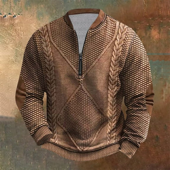 gbyLJF Half Zipper Round Neck Top for Men Long Sleeve Knitted Striped Pullover Sweater Casual Vintage Loose Fit Blouse