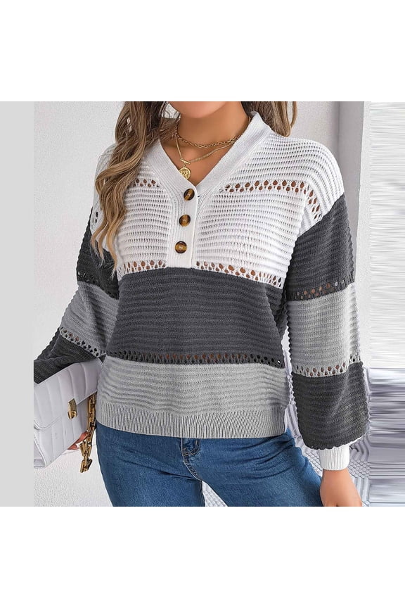 Half-button Knitted Top for Women Lightweight V-neck Hollowed-out Sweater Multicolored Casual Long Sleeve Pullover Top