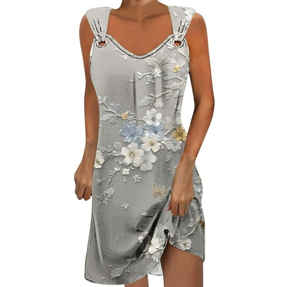 gbyLJF High Neck Dress for Women Floral Boho Dress Frilly Dress for Women Women's Wrap Dress Gray L
