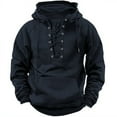 thumbnail image 1 of gbyLJF Hooded Stand-up Collar Blouse for Men Solid Color Vintage Lace Up Long Sleeve Pullover Solid Color Casual Drawstring Top with Pocket, 1 of 2
