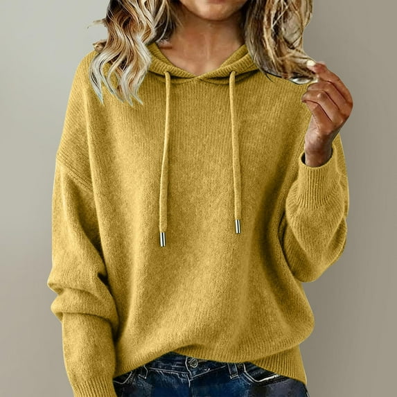 gbyLJF Hooded Sweaters for Women Long Sleeve Solid Color Knitted Round Neck Drawstring Sweatshirt Soft Comfy Pullover Sweater