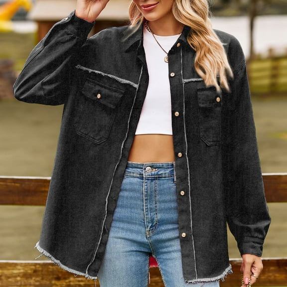 gbyLJF Jean Jacket for Women 2024 Fashion Oversized Distressed Denim Jacket Casual Button Down Jackets Dark Gray M