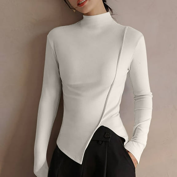 gbyLJF Ladies' Semi-high Neck Top Solid Color Long Sleeve Round Neck Shirts Casual Daily Irregular Pullover Tops