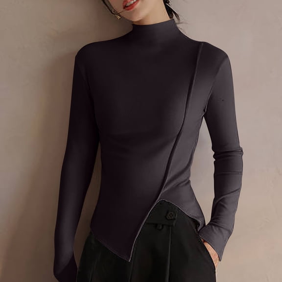 gbyLJF Ladies' Semi-high Neck Top Solid Color Long Sleeve Round Neck Shirts Casual Daily Irregular Pullover Tops