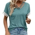 thumbnail image 1 of gbyLJF Ladies' V-neck Short Sleeve Top Lace Patchwork T-shirt Spring and summer Casual Solid Color Tops, 1 of 7