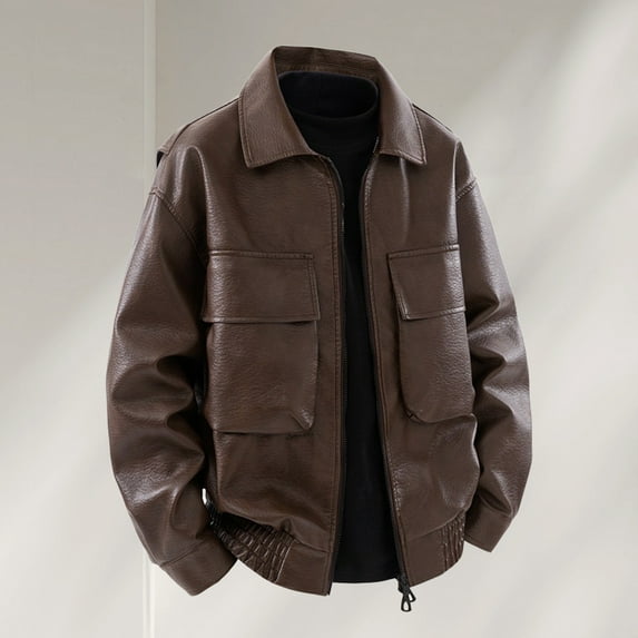 gbyLJF Leather Jackets For Men Classic Full Zip Motorcycle Bomber Jacket Long Sleeve Lapel Coat with Pockets