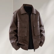 gbyLJF Leather Jackets For Men Classic Full Zip Motorcycle Bomber Jacket Long Sleeve Lapel Coat with Pockets