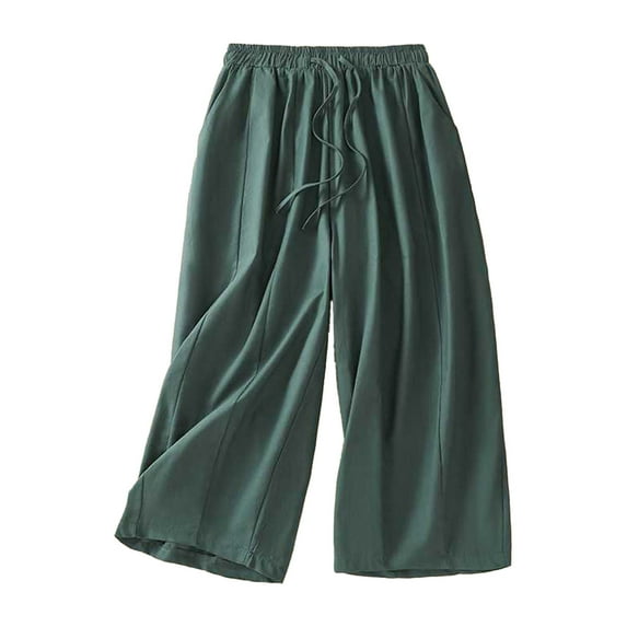 gbyLJF Linen Pants for Women Summer Loose Fit, Breathable Comfy Casual Home Outdoor Cropped Pants with Pockets A02_Green M