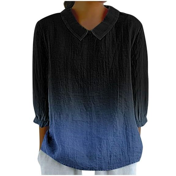 gbyLJF Linen Shirts for Women Fall 3/4 Sleeve Lapel Tops Cotton Linen Casual T-Shirts Trendy Gradient Blouse Tees A01_Blue XL