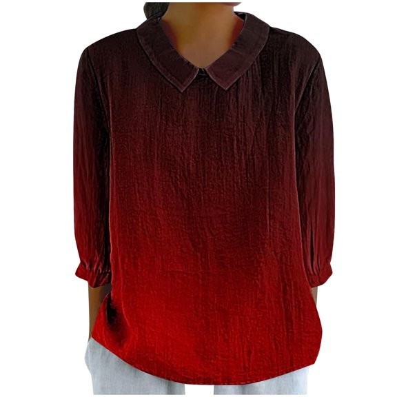 gbyLJF Linen Shirts for Women Fall 3/4 Sleeve Lapel Tops Cotton Linen Casual T-Shirts Trendy Gradient Blouse Tees A02_Red XL