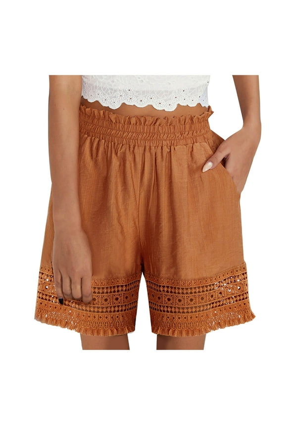 Linen Shorts for Women 2024 Summer Ruffle Elastic High Waist Mini Shorts Lace Hem Patchwork Crochet Shorts