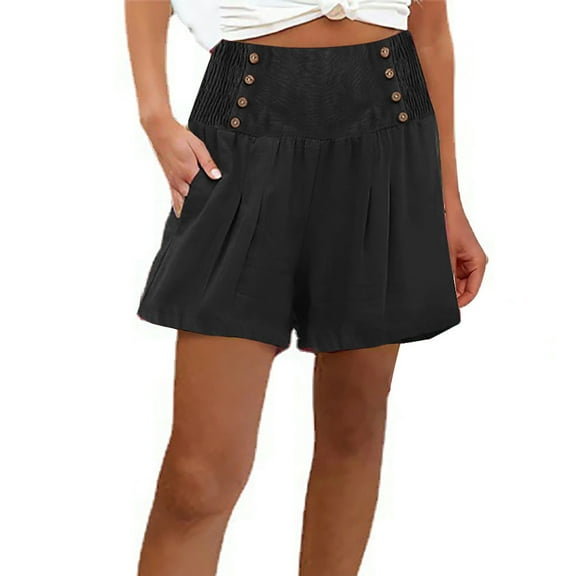 gbyLJF Linen Shorts for Women Summer Casual Short High Waisted Pleated Ruffle Hem Shorts Baggy Wide Leg Flowy Shorts Black S
