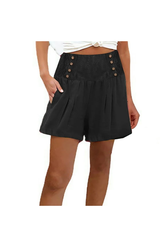 Linen Shorts for Women Summer Casual Short High Waisted Pleated Ruffle Hem Shorts Baggy Wide Leg Flowy Shorts Black XXL