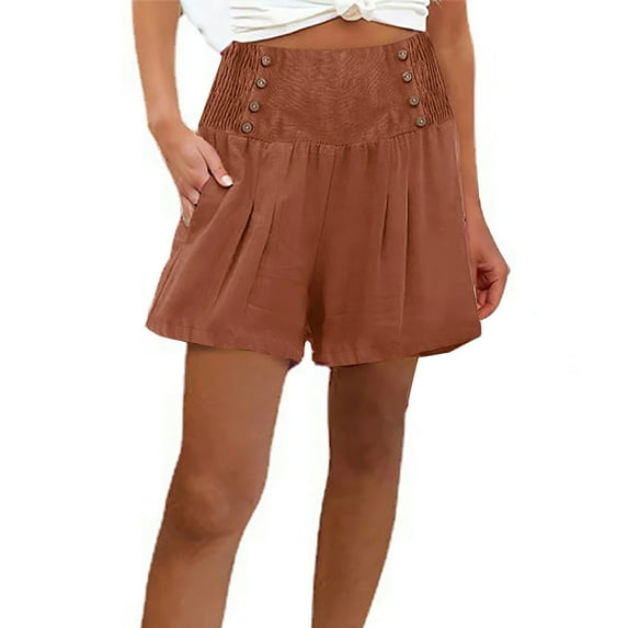 gbyLJF Linen Shorts for Women Summer Casual Short High Waisted Pleated Ruffle Hem Shorts Baggy Wide Leg Flowy Shorts Brown M