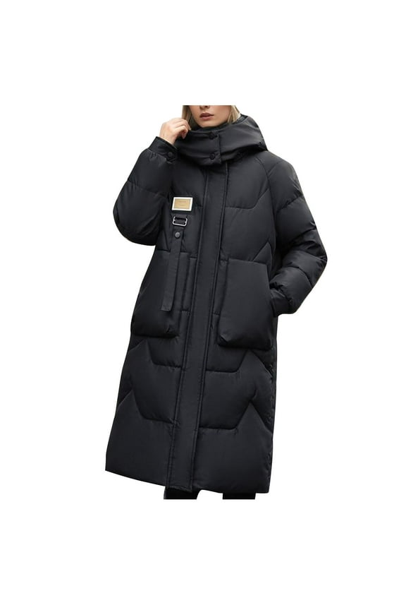 Long Quilted Coat Womens Winter Maxi Length Long Sleeve Puffer Jacket Solid Hooded Padded Coats Thick Warm Outerwear