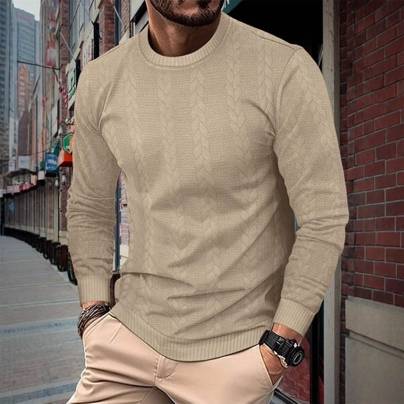 gbyLJF Long Sleeve Pullover Top for Men Solid Color Jacquard Base Layer Shirt Casual Comfortable Round Neck Sweater