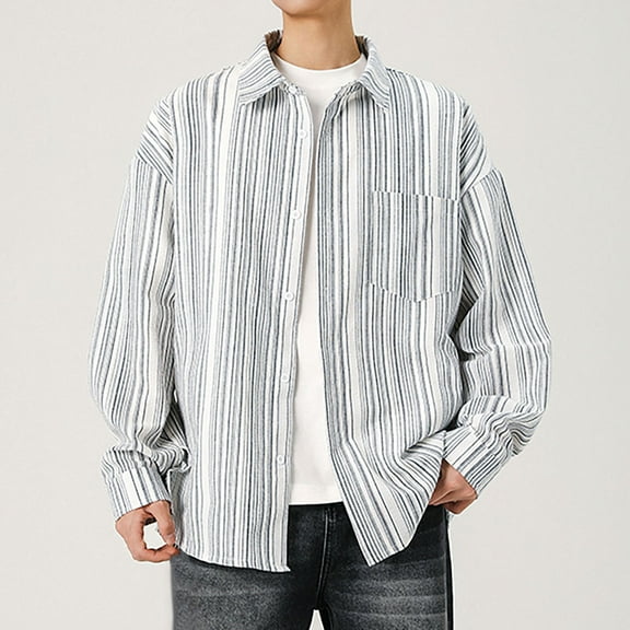 gbyLJF Long Sleeve Shirts for Men Casual Vertical Striped Lapel Shirt Coat Button Down Blouse Shirt with Pocket