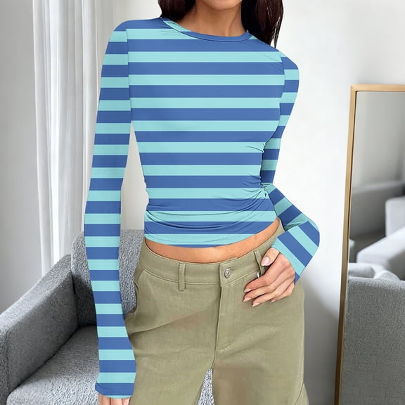 gbyLJF Long Sleeve Shirts for Women Slim Fit Striped Printed Crop Tops Going Out T-Shirt Womens Round Neck Blouse