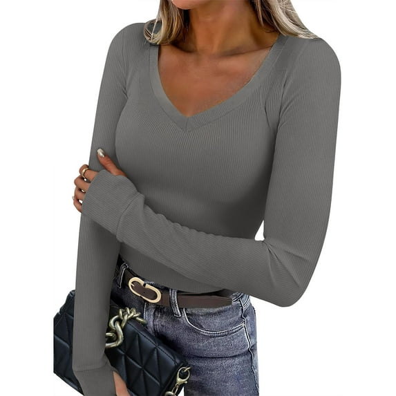 gbyLJF Long Sleeve Shirts for Women V Neck Ribbed Knit Slim Fit Basic Tshirts Spring Going Out Casual Tee Tunic Tops