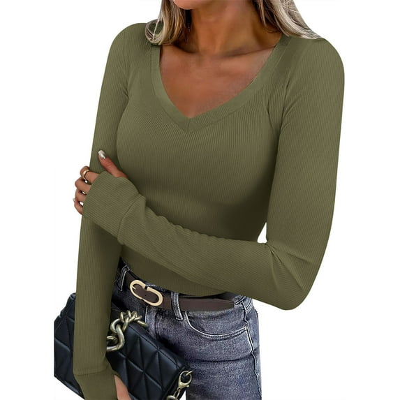 gbyLJF Long Sleeve Shirts for Women V Neck Ribbed Knit Slim Fit Basic Tshirts Spring Going Out Casual Tee Tunic Tops