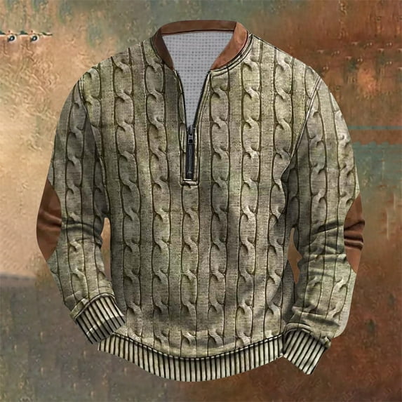 gbyLJF Long Sleeve Sweatshirt for Men Casual Loose Fit Knitted Striped Pullover Sweater Half Zipper Round Neck Vintage Top