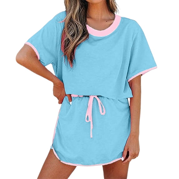 gbyLJF Loungewear Sets for Women 2 Piece Shorts Skirt Color Block Short Sleeve T Shirt and Skort Set Summer Tracksuits