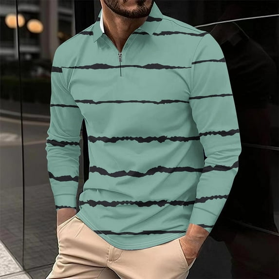 gbyLJF Men Casual Sweatshirts Quarter Zip Turn-down Collar Striped Printing Pullover Rugby Shirts Sports Long Sleeve Shirt