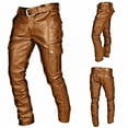 thumbnail image 1 of gbyLJF Men Faux Leather Pants Solid Color Casual Zipper Button Pants Slim Fit Trousers with Multi Pockets, 1 of 6
