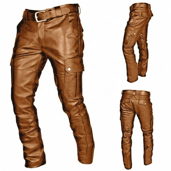 gbyLJF Men Faux Leather Pants Solid Color Casual Zipper Button Pants Slim Fit Trousers with Multi Pockets