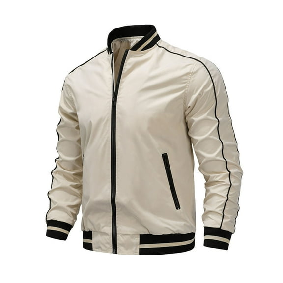 gbyLJF Men Full Zip Sports Jackets Casual Striped Line Vintage Coat Long Sleeve Stand Up Collar Coats with Zipper Pockets