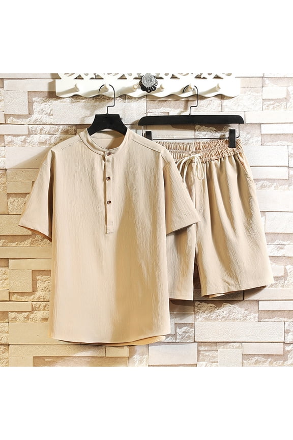 Men Sets Outfits 2 Piece Short Sleeve Crew Neck Shirt and Shorts Suits Half Button Up T-shirts Casual Sets
