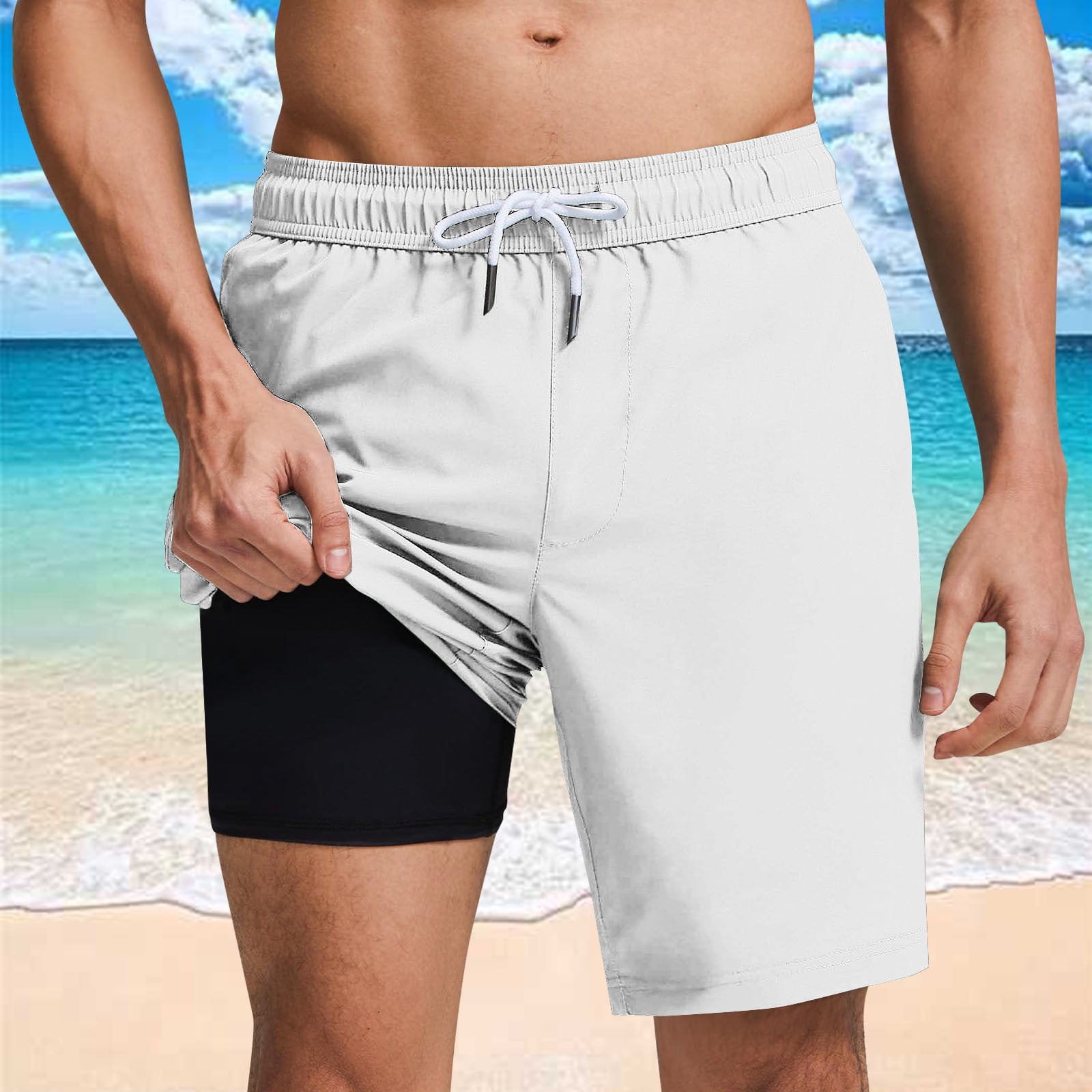 gbyLJF Men Swim Trunks Solid Color Stretch Waist Drawstring Beach ...