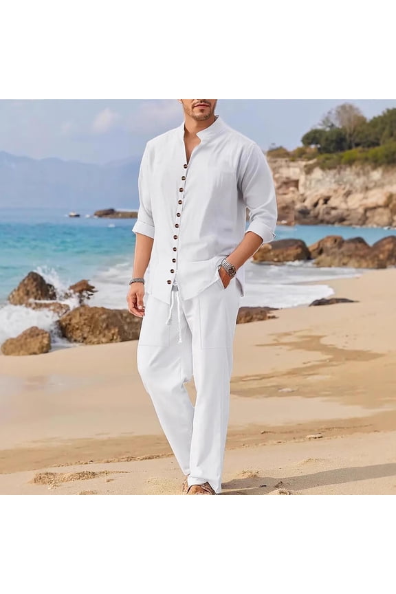 Men's 2 Piece Beach Vacation Outfits Button Down Shirts and Drawstring Long Pants with Pockets Spring Summer Casual SetsWhite,M
