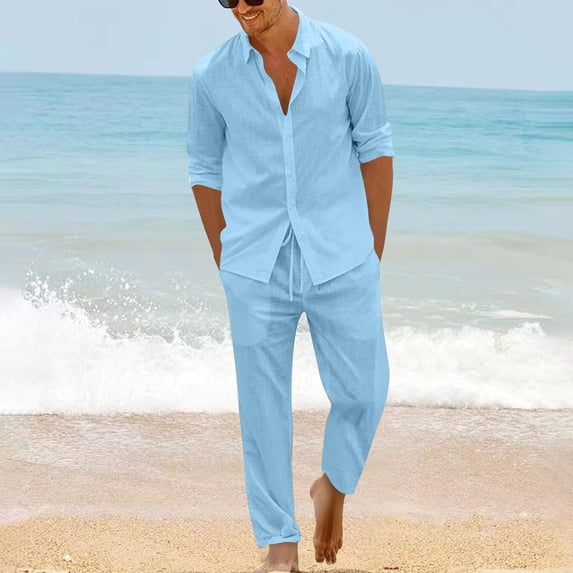 gbyLJF Men's 2 Piece Cotton Linen Set Outfits Drawstring Trousers and Button Down Lapel Sleeve Shirts Sets Beach Travel Suit