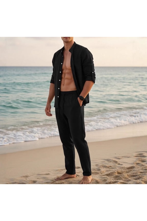 Men's 2 Piece Linen Outfit Long Sleeve Button Down Shirt and Elastic Waist Pants Casual Trendy Set Spring Summer Outfits