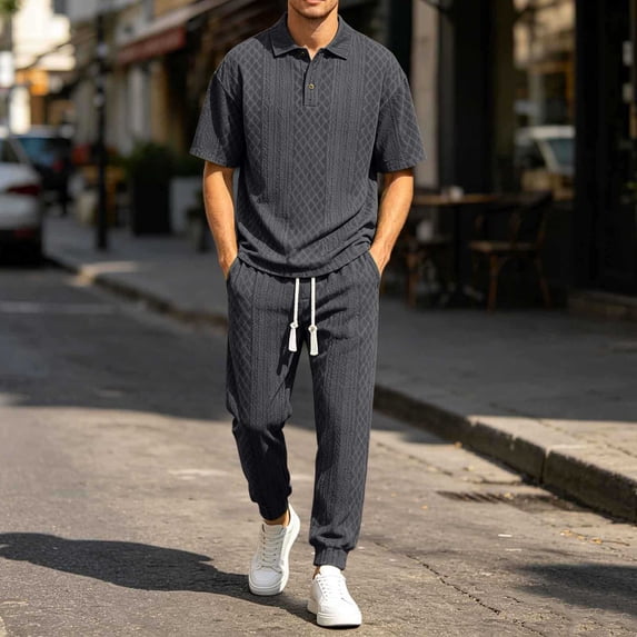 gbyLJF Men's 2 Piece Outfit Textured Collared Shirt and Jogger Pants Set Casual Short Sleeve Tracksuit with Pockets