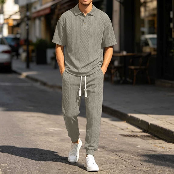 gbyLJF Men's 2 Piece Outfit Textured Collared Shirt and Jogger Pants Set Casual Short Sleeve Tracksuit with Pockets