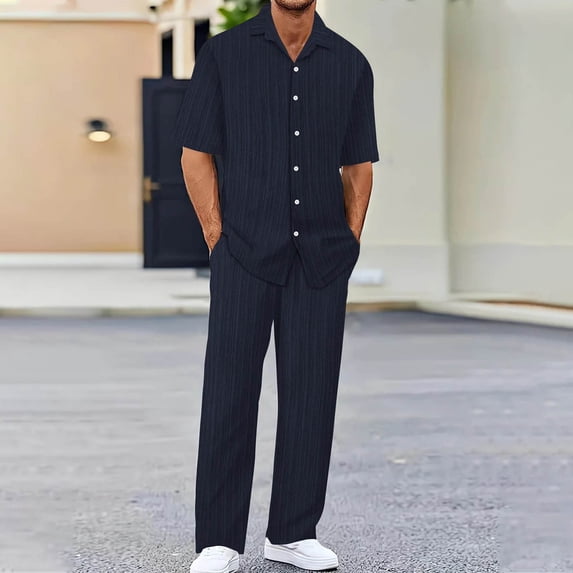 gbyLJF Men's 2 Piece Outfits Summer Casual Button Down Shirts and Long Pants Matching Sets Spring Clothes for Men