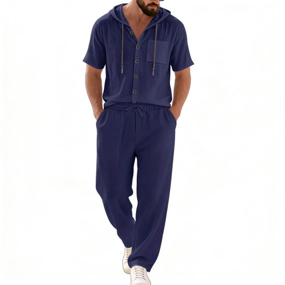 gbyLJF Men's 2 Pieces Cotton Linen Set Casual Short Sleeve Button Up Hoodie & Long Pants Beach Vacation Summer Outfits