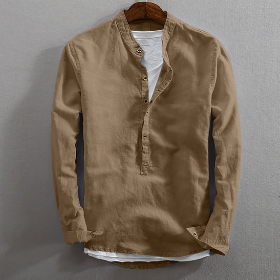 gbyLJF Men's Casual Button Down Shirt Long Sleeve Round Neck Pullover Top Regular Fit Solid Color Blouse