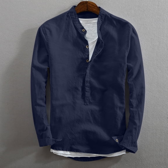 gbyLJF Men's Casual Button Down Shirt Long Sleeve Round Neck Pullover Top Regular Fit Solid Color Blouse