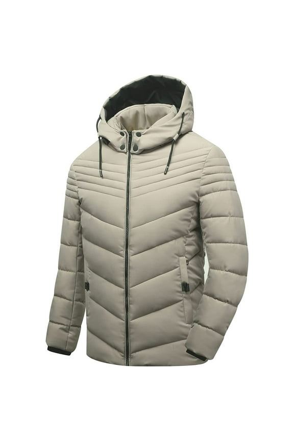 Men's Casual Cotton-padded Jackets Thickened Warm Hooded Drawstring Coat Winter Solid Color Outwear with Zipper Pockets
