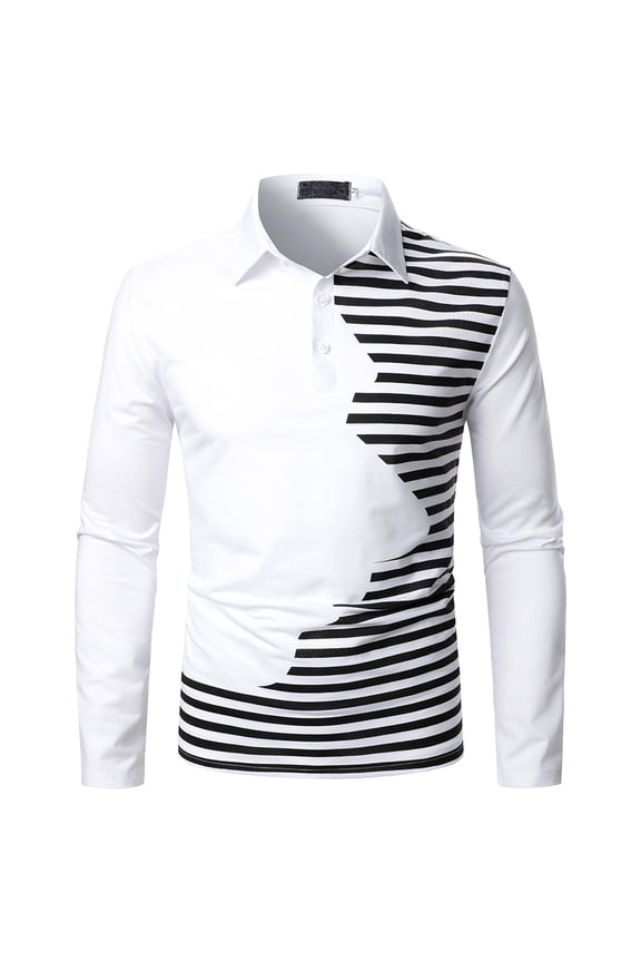 Men's Casual Golf Jacket Personalized Patchwork Long Sleeve Lapel Top Slim Fit Striped Two-button Pullover